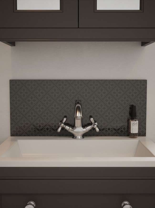 Laura Ashley Mr Jones Metallic Charcoal Self-Adhesive Glass Bathroom Splashback