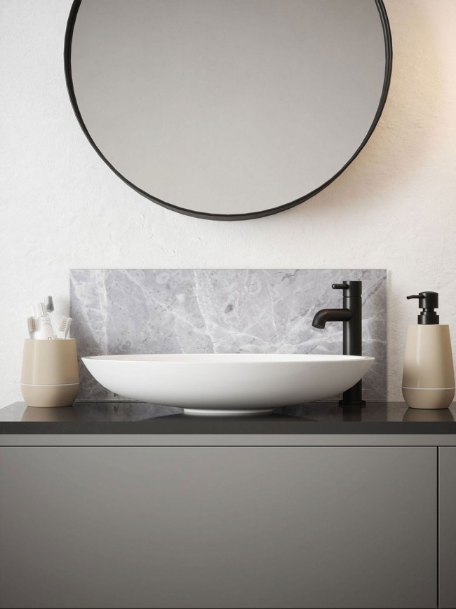 Pietra Grey Marble Self-Adhesive Glass Bathroom Splashback