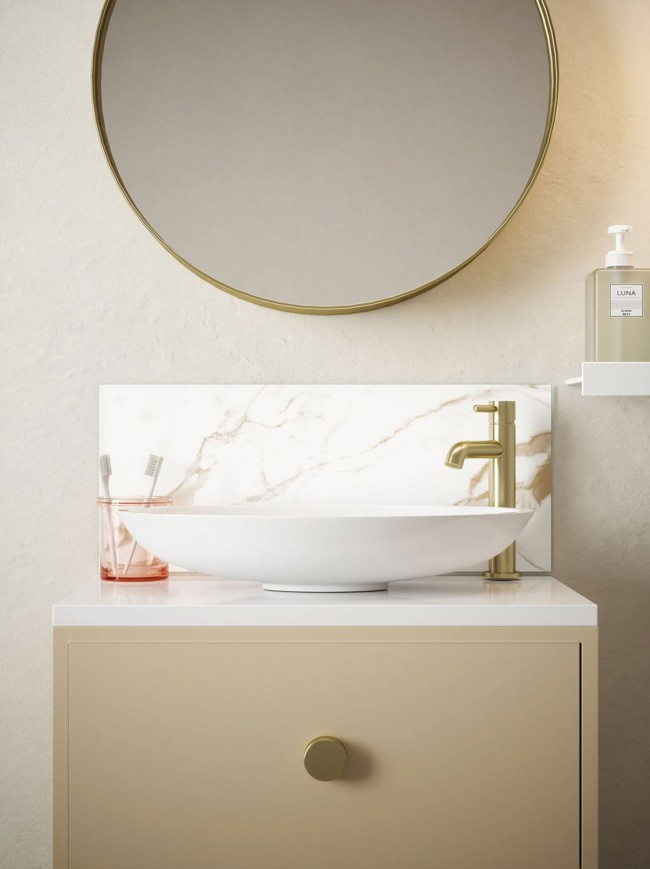 Honey Calacatta Marble Self-Adhesive Glass Bathroom Splashback