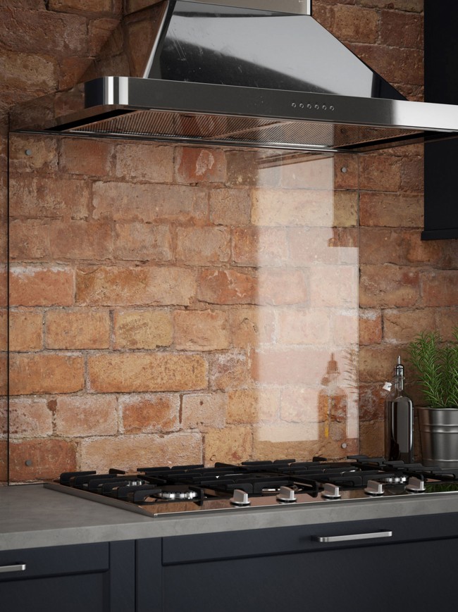 Crystal Clear Glass Splashback with Brushed Chrome Caps Splashback